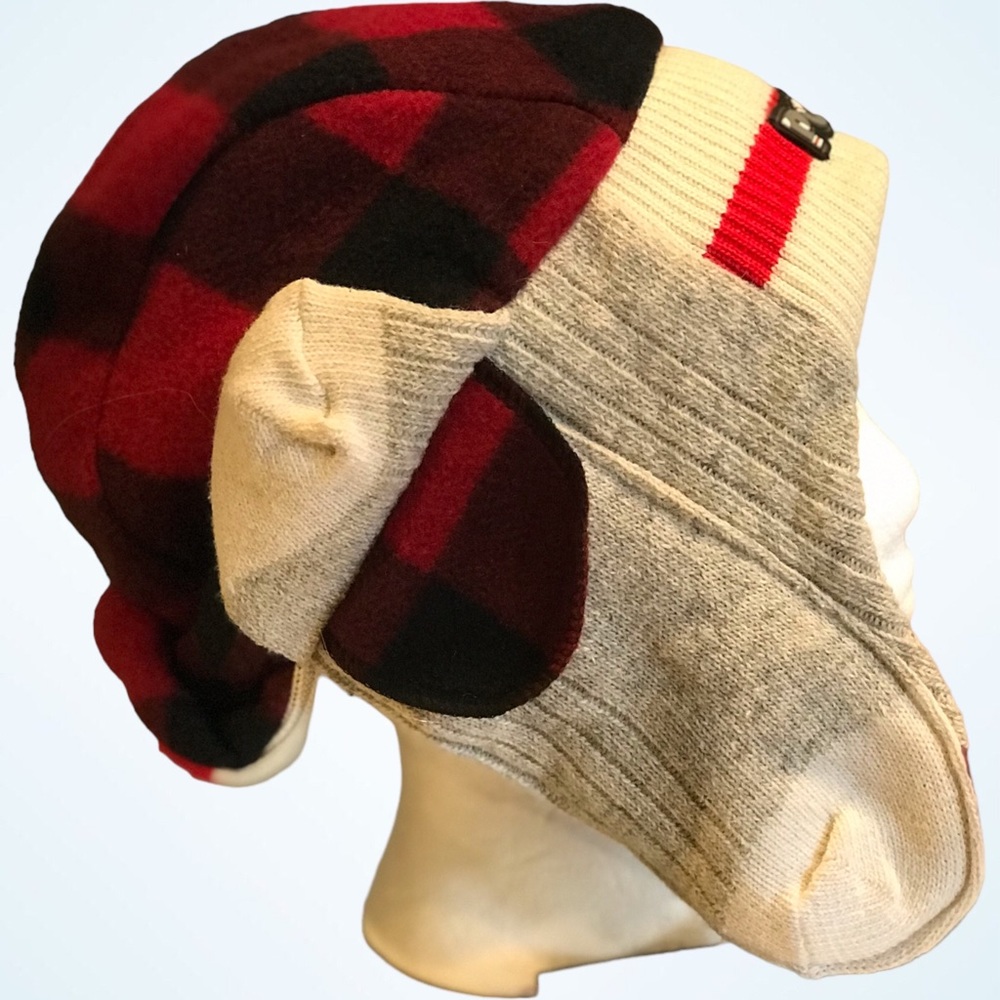 POOK Red and Black Buffalo Plaid Fleece and Knit Cap with Ear Flaps